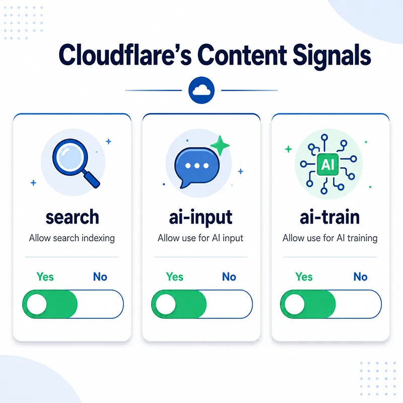 Diagram of Cloudflare's three Content Signals categories: search, ai-input, and ai-train with yes or no options