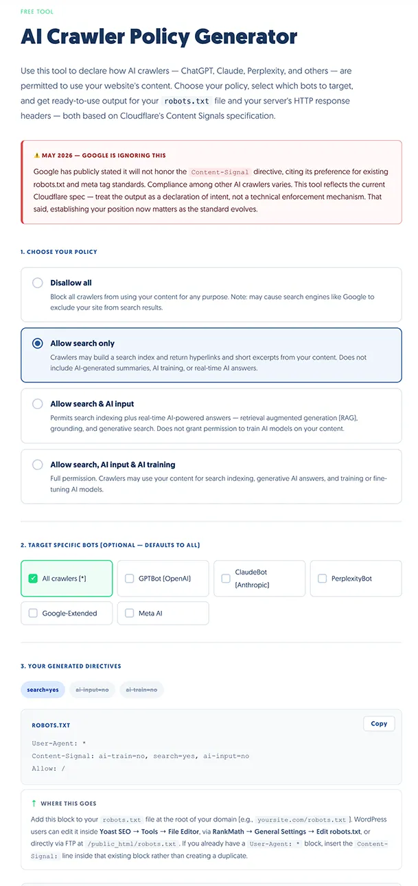 GO-SEO AI Crawler Policy Generator tool showing policy options and generated robots.txt output