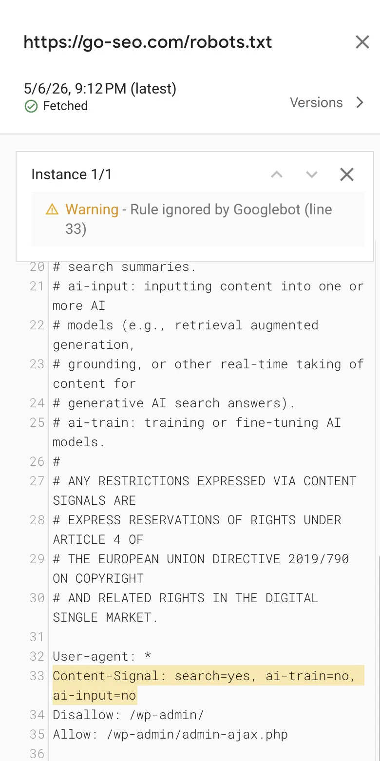 Google Search Console robots.txt report showing Rule ignored by Googlebot warning for Content-Signal directive